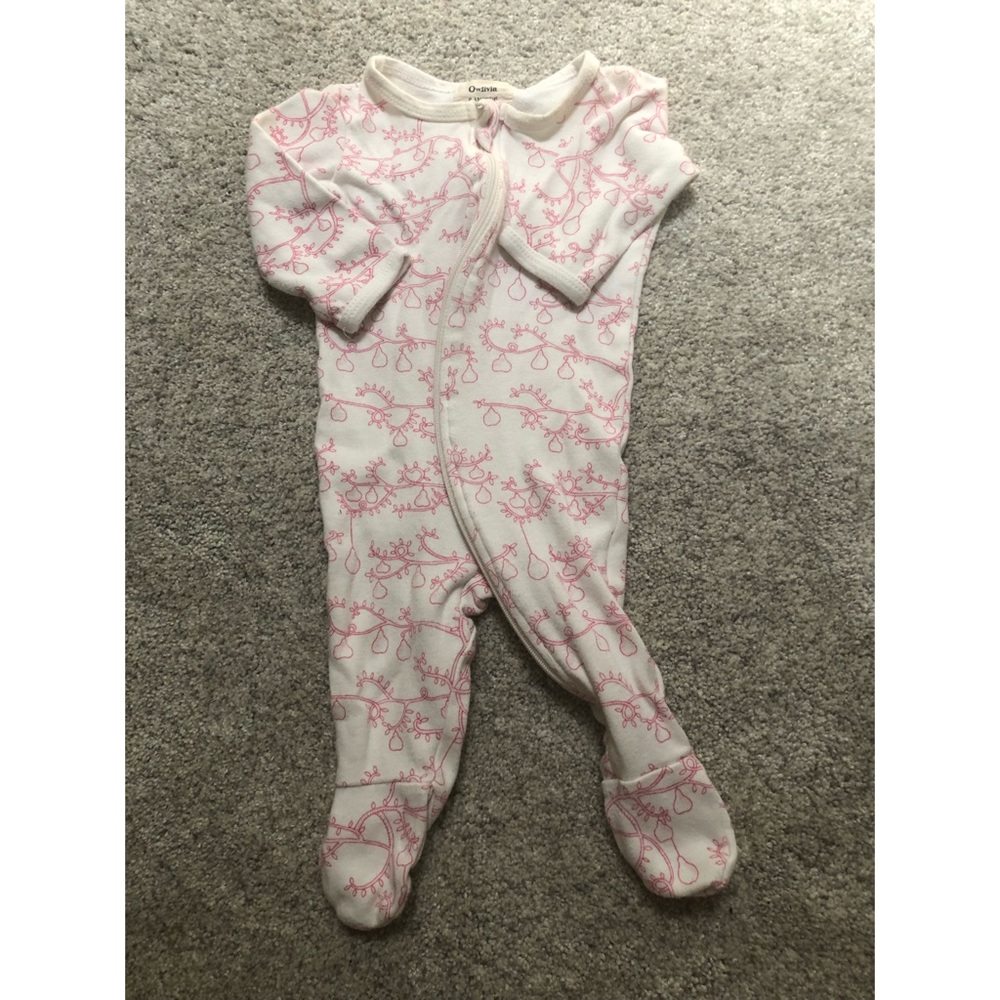Pink floral design zip up footie by Owlivia 0-3 months 100% organic cotton